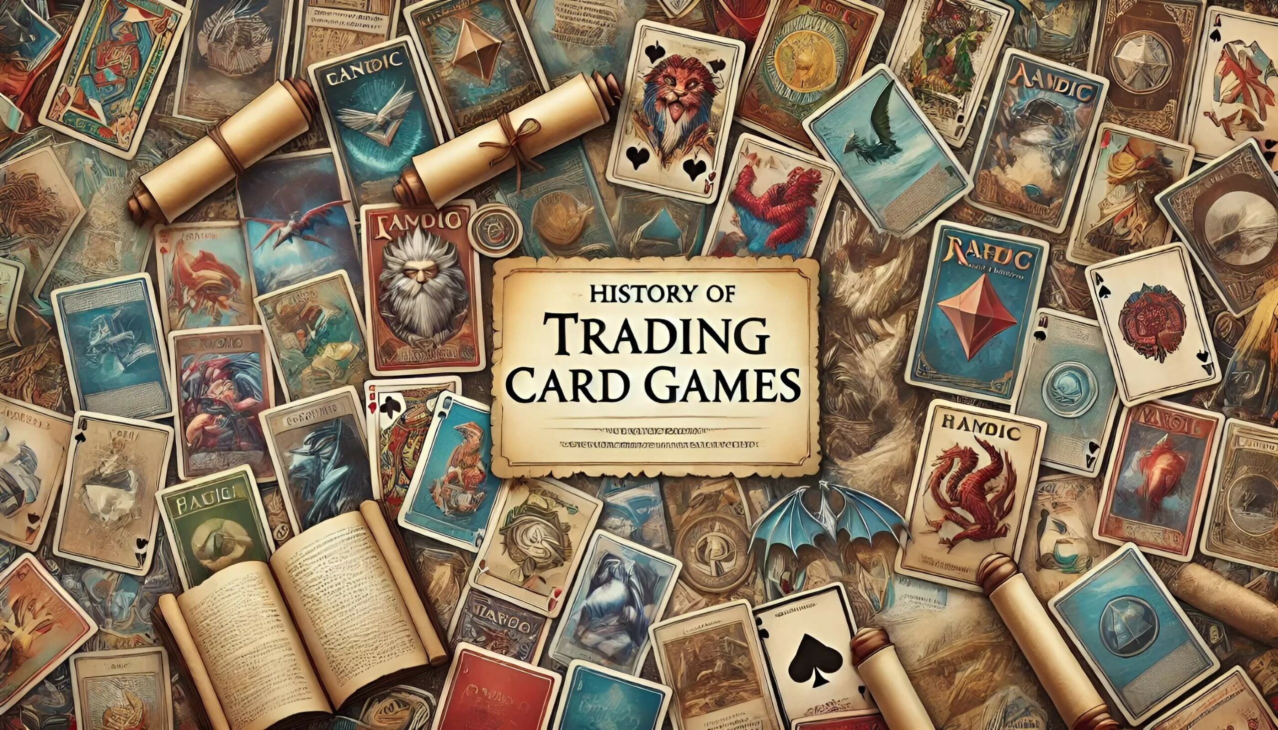 Image with a scroll that reads History of Trading Card Games.