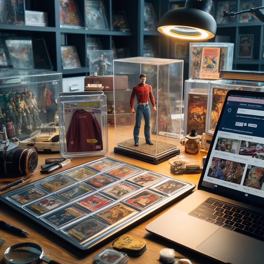 Desk with collectables on it and a magnifying glass