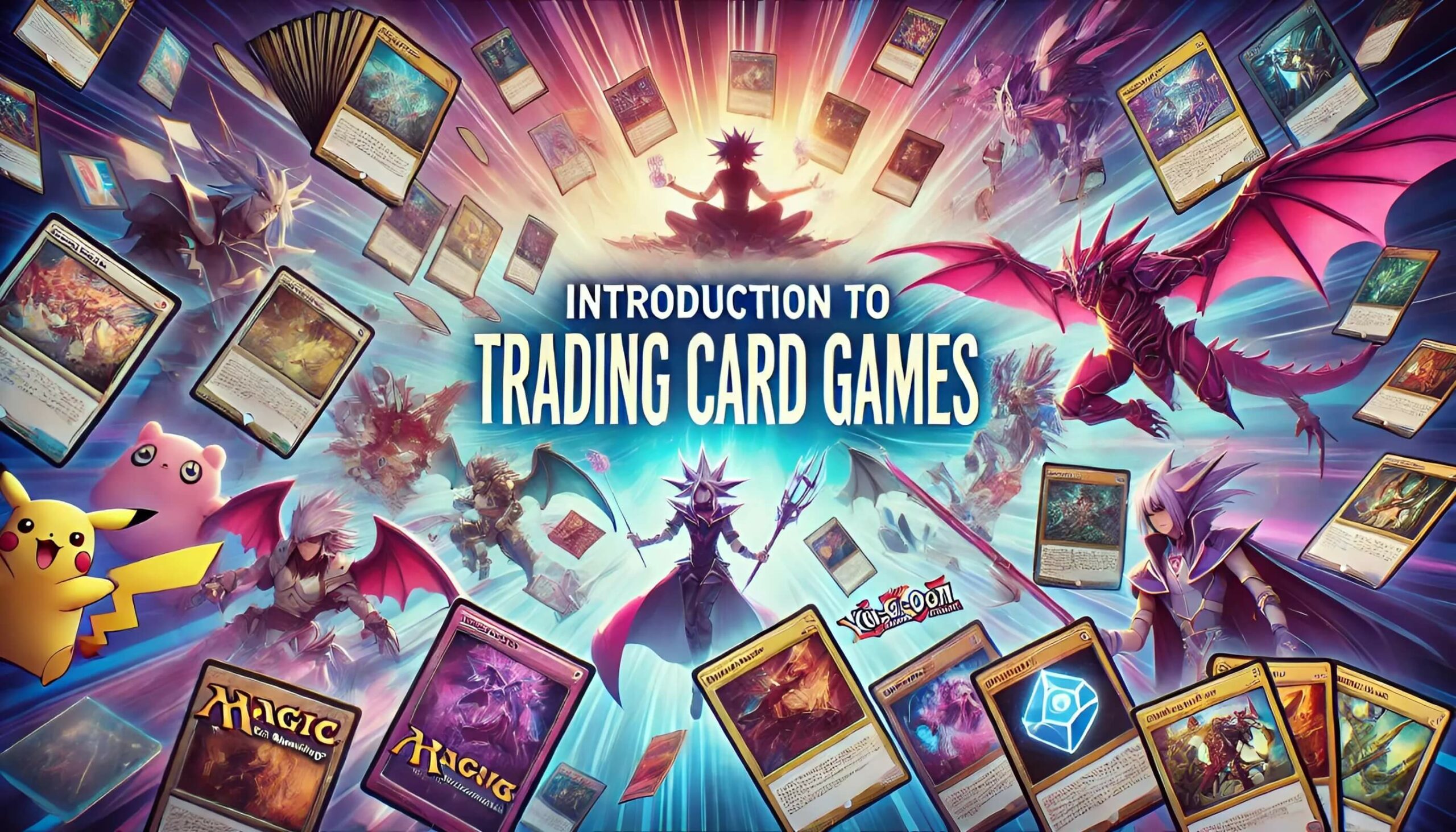 Image of cards flying out from the background. Trading Card game in the title.